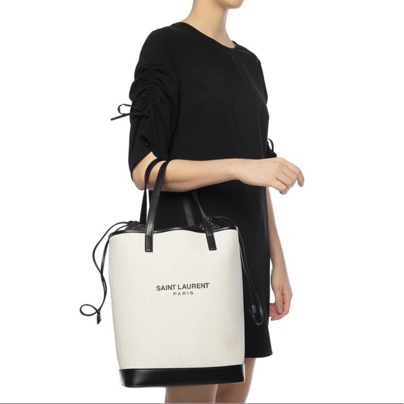 Saint Laurent Handbags - Saint Laurent Teddy Off-White Coated Linen Drawstring Bucket Bag